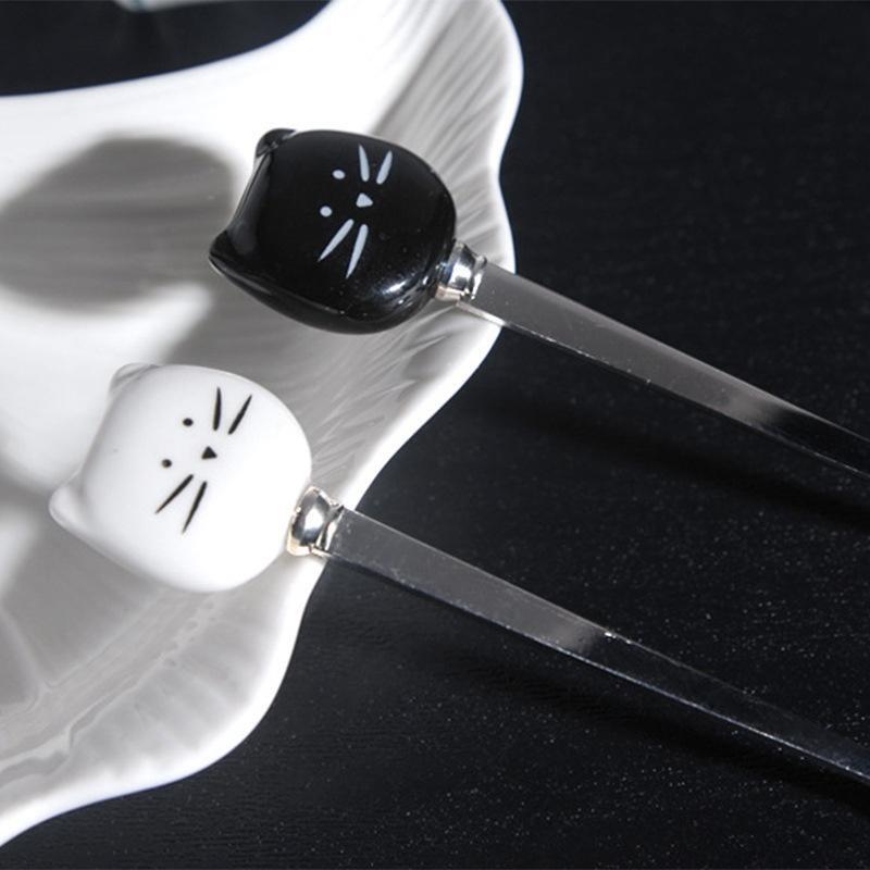 Cute Black/White Cat Stainless Steel Spoon Cartoon Lovely Coffee Milk Tea Ceramic Stir Spoon