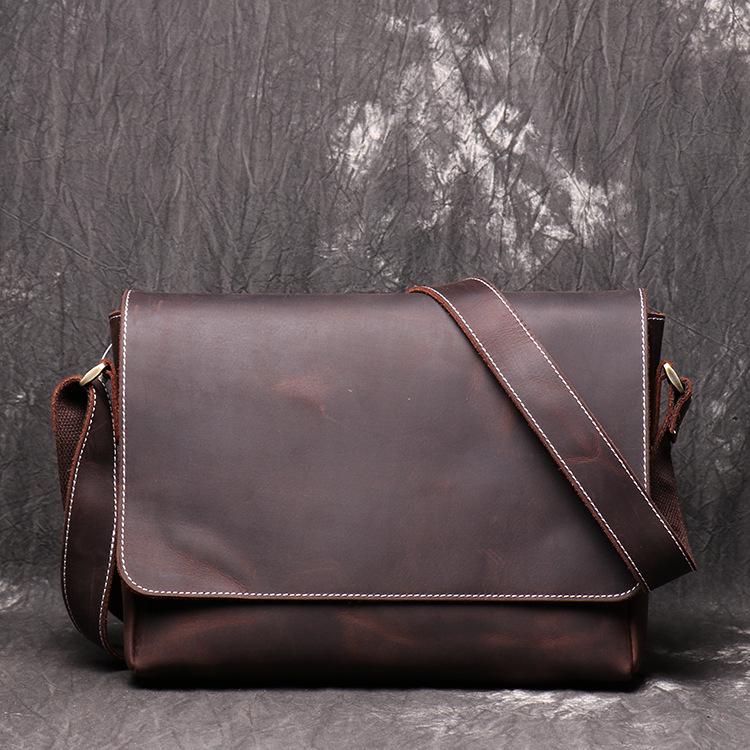 Retro Genuine Leather Crossbody Bag: Handmade Cowhide for Men & Women, Crazy Horse Leather Shoulder Bag.