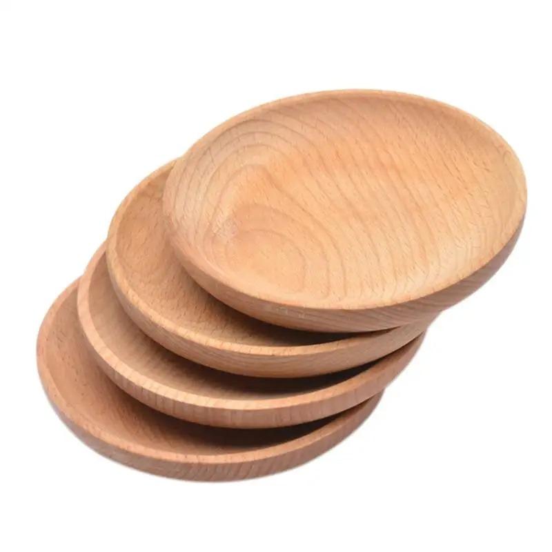 1pc Beech Wood Round Dinner Plate Western Food  Dessert Serving Tray Snack Fruit Dry  Organizer Holder Home Decor