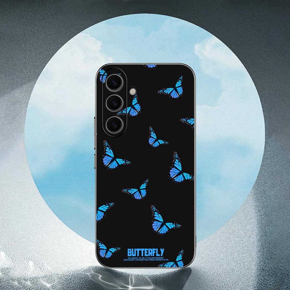 Beauty Blue Butterfly For Samsung Galaxy S25 S24 S23 Ultra S22 S21 Plus S20 Black Soft Silicone Protective Case