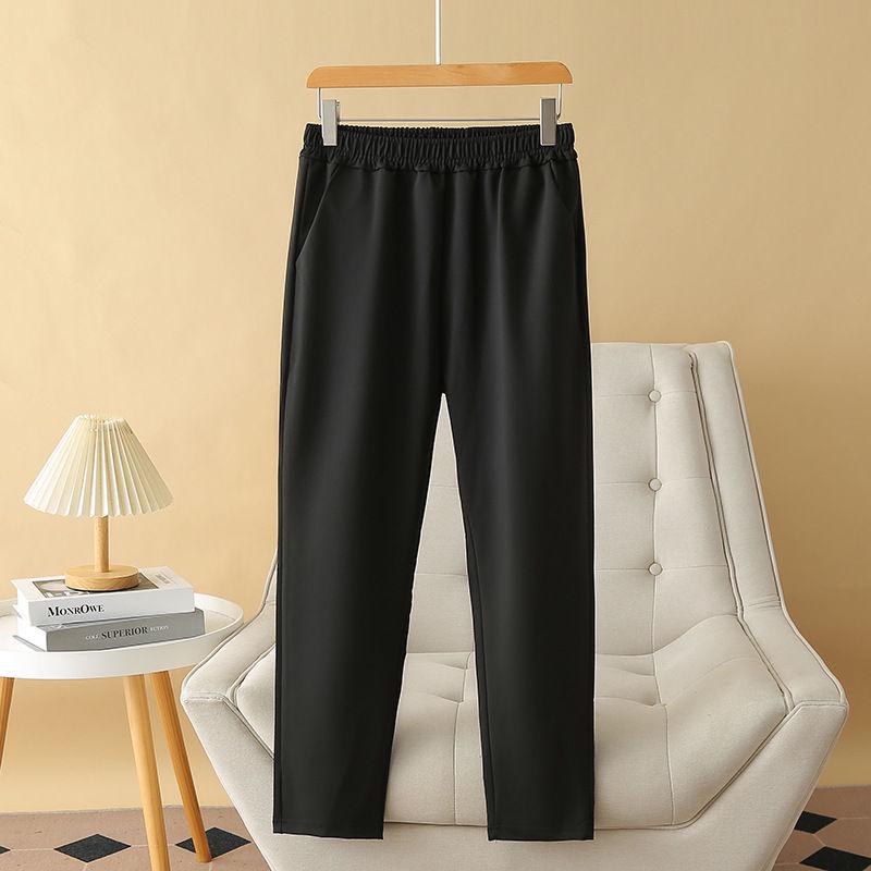 Women's Plus Size Black Slimming Elastic Waist Casual Pants with Autumn Pockets