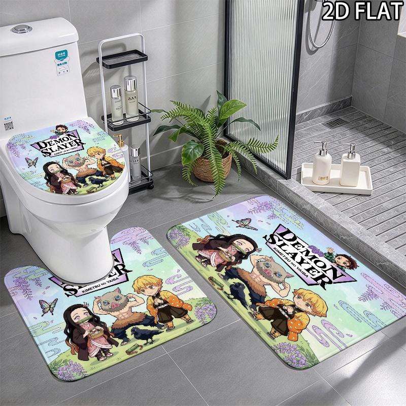 Demon Slayer Art 3Pcs Flannel Toilet Mat Set Bathroom Rug Bath Carpet Non Slip Home Decor Toilet 3 Pcs Bathroom Textile Set