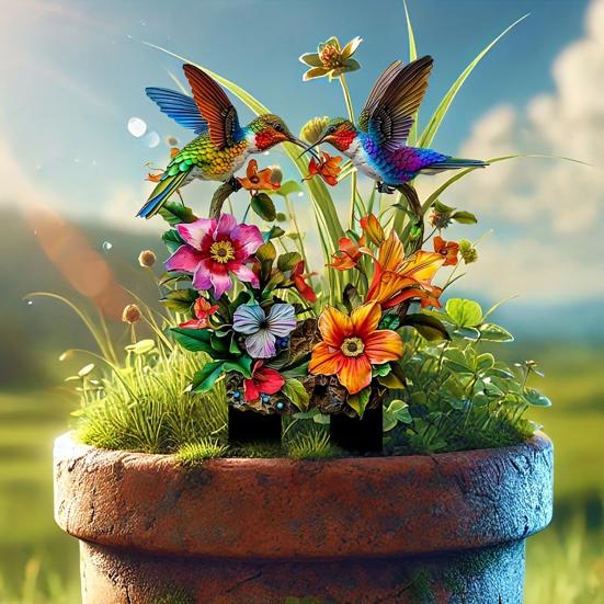 Hummingbird Flowers Garden Stake, Flower Wreath Colorful Bird Yard Art Stake, Waterproof Outdoor Hummingbird Decoration for Lawn Yard Flower Bed