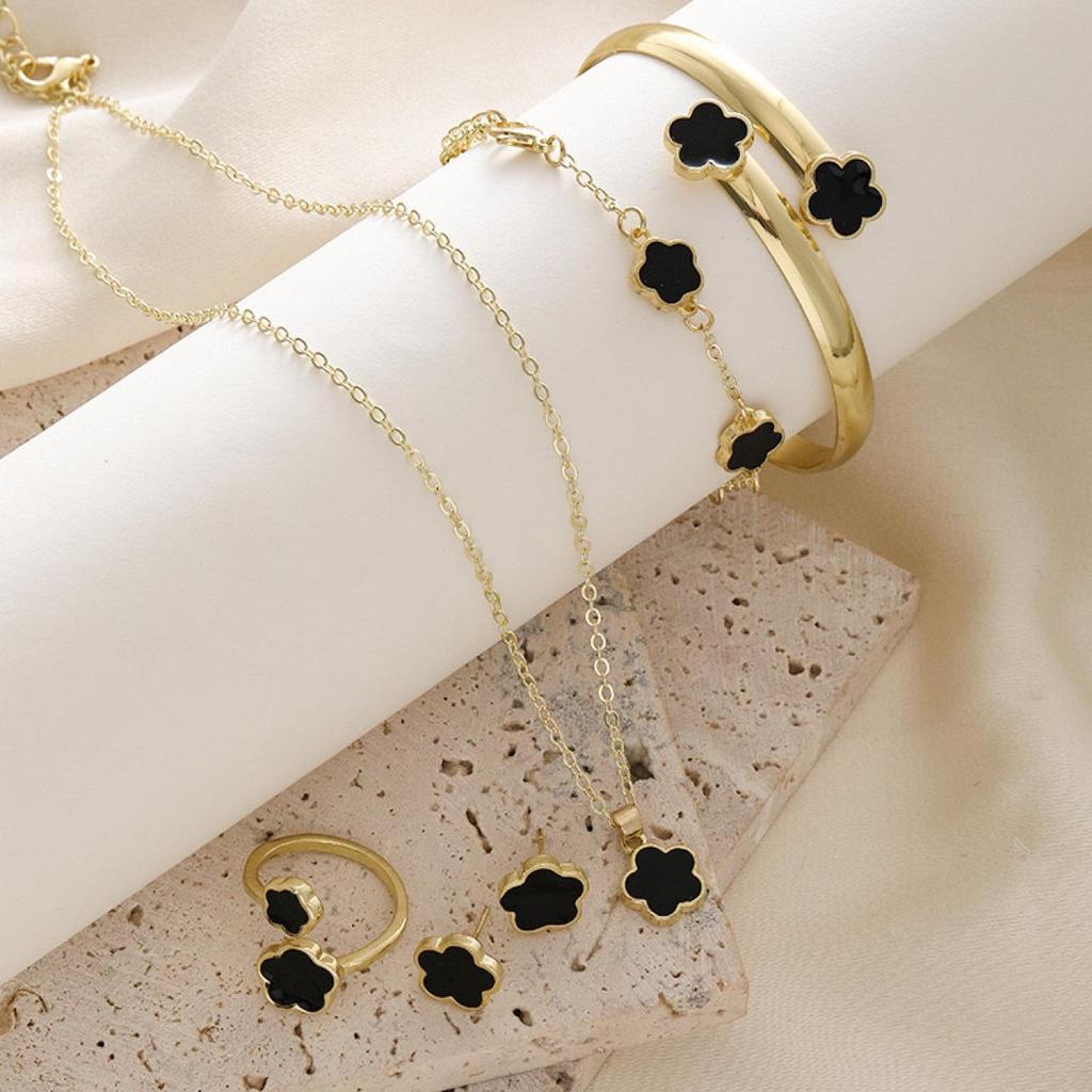 Womens' Five-Leaf Clover Jewelry Set: Versatile 5-Piece Set with Lucky Flower Necklace, Earrings, and Hand Jewelry