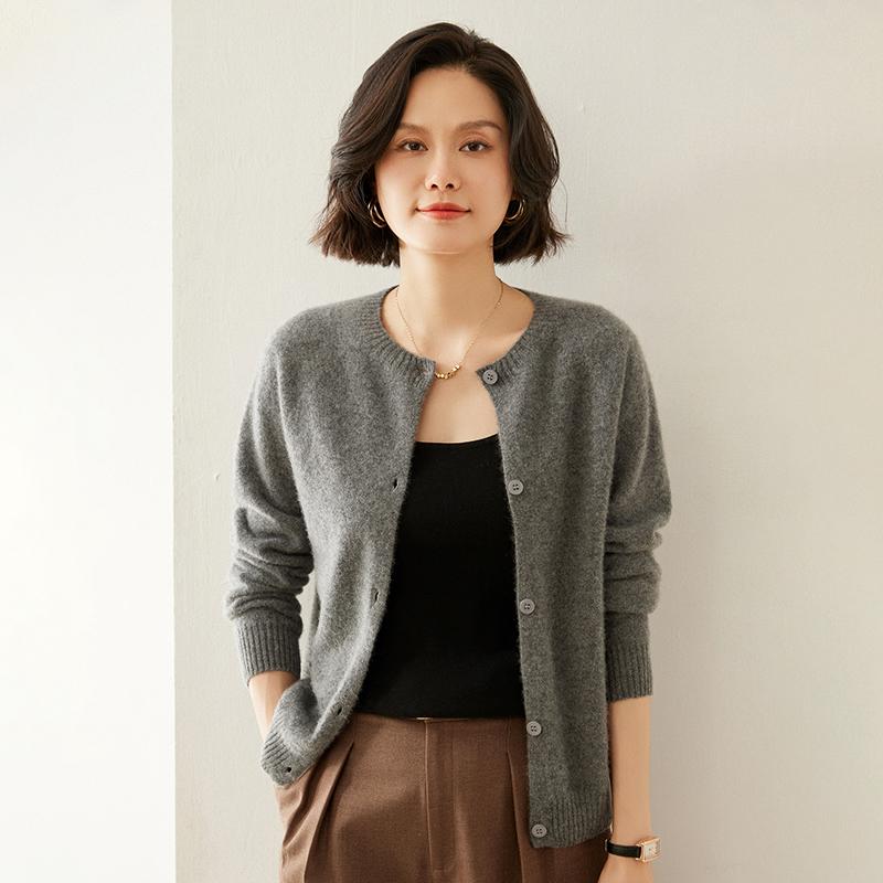

Женский кашемировый кардиган Qinghe cashmere 100% кашемир осенне-зимний кашемировый утолщенный кардиган мягкий и теплый L темно-серого
