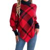 Autumn/Winter Women's Hooded Sweatshirt Casual Colour-Blocked Checked Turtleneck Long-Sleeved Cape Knit Jumper Christmas Ladies' Knitted Top