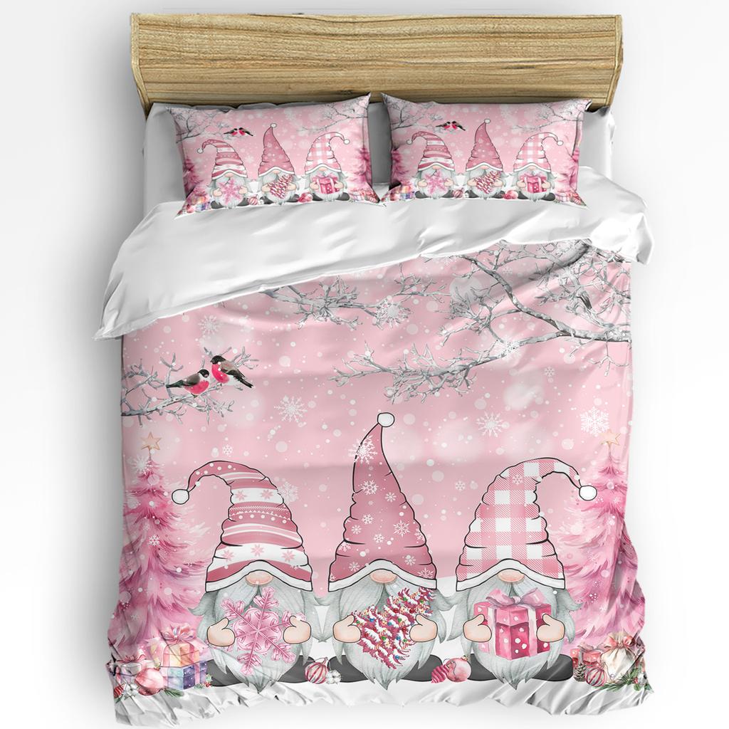 Christmas Snowman Pink Christmas Tree 3pcs Bedding Set For Double Bed Home Textile Duvet Cover Quilt Cover Pillowcase