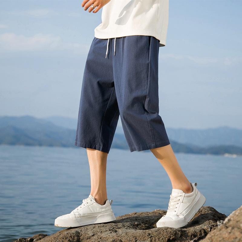 Lněné Kalhoty Letní Pánské Kraťasy Bavlna a Len Ležérní Kalhoty Čínský Styl Zkrácené Kalhoty