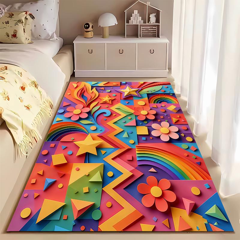 Colorful Geometric Carpet with Stars, Rainbows, and Floral Design Suitable for Use As an Anti-slip for Living Room Bedroom Sofas