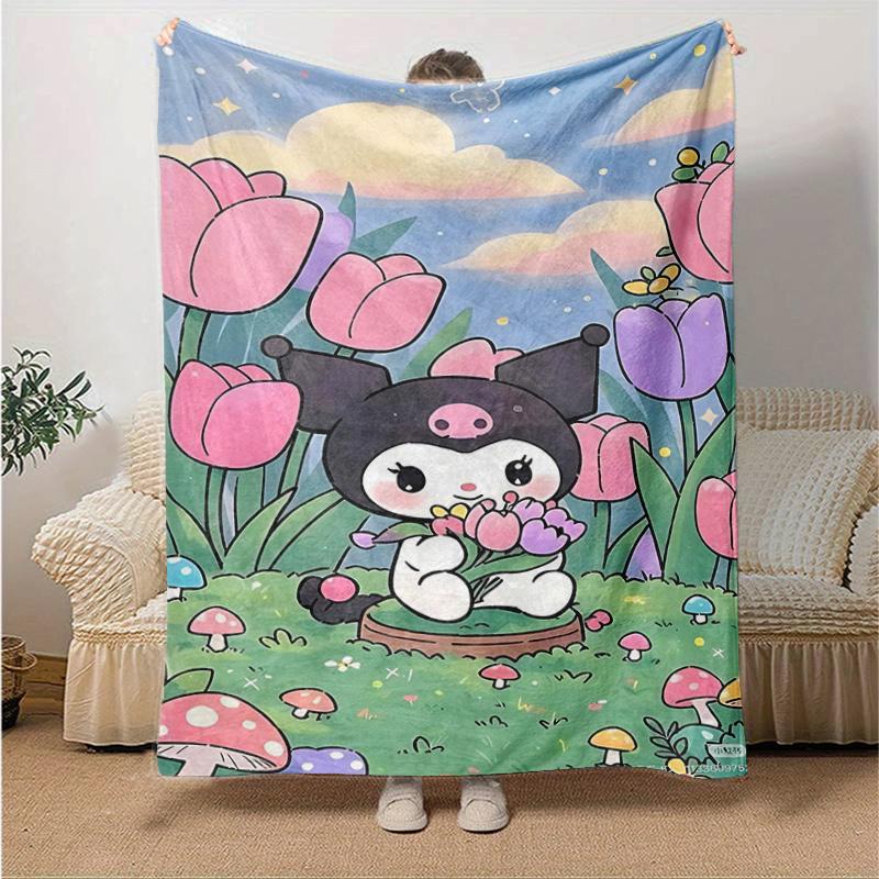 

1pc Floral Adventure Kuromi Blanket, Soft Throw for Room Decor, Perfect Gift for Family and Friend, Living Room, Travel, Camping, Car Blankets, Beach, 130x150cm