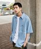 MINIMALPROJECT Symbol Embroidered One-Pocket Oversized Short Sleeve Denim Shirt Mls239 [Blue]