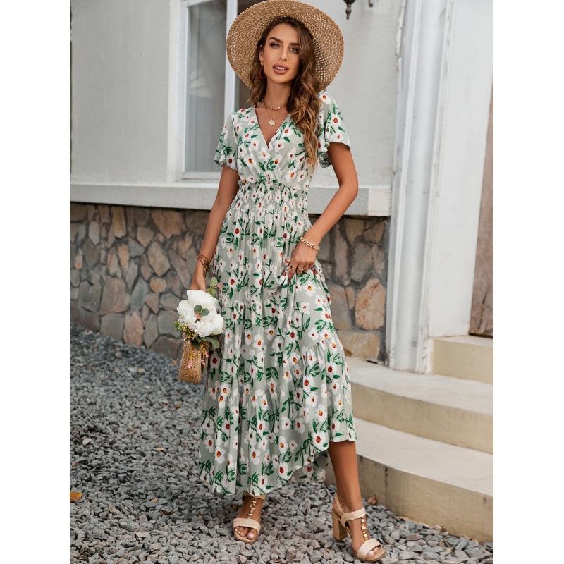 

Women s Floral Print V-Neck Short Sleeve Midi Dress with Belt, Bohemian Style Summer Dress XL