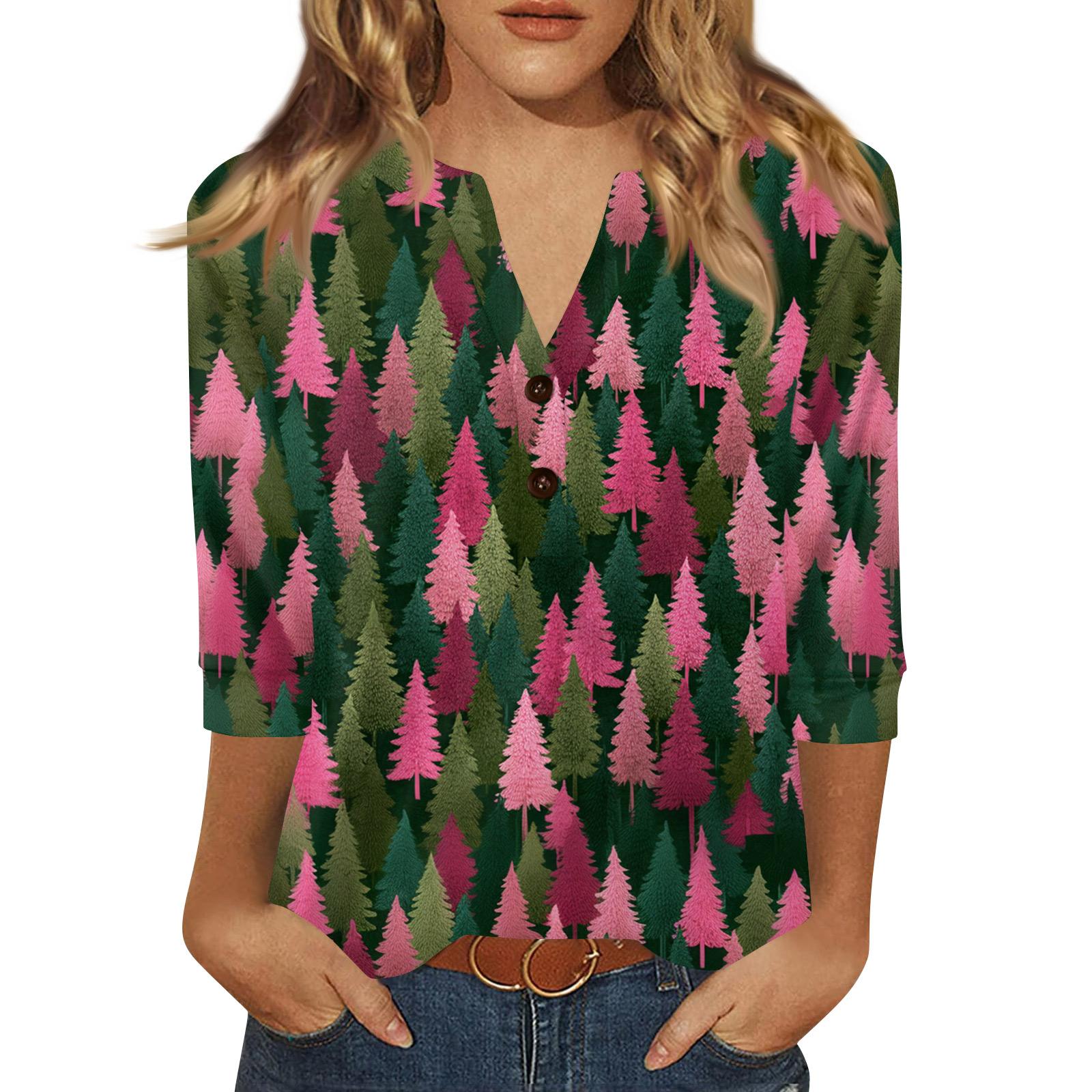 

Жен. Футболка С принтом Пуговицы Рукав 3/4 Повседневные Выходные Мода Классический Классический V-образный вырез Обычный Верх S зелёный