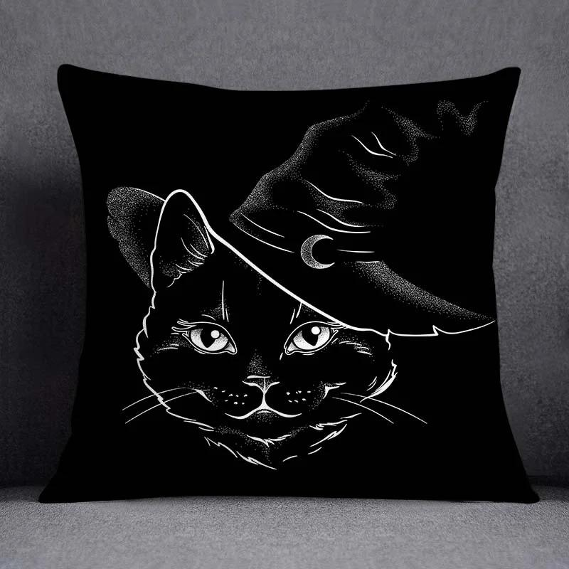 Vintage Dark Gothic Black Cat Throw Pillow Cushion Cover Witch Moon Pumpkin Case Home Sofa Decor Autumn Party Gift Peach Skin