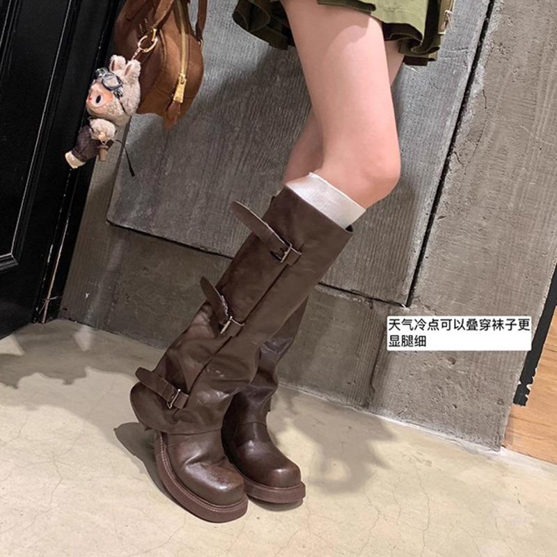 Cowhide version belt buckle Martin boots female knight leather boots thick-soled wasteland wind boots western cowboy boots