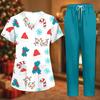 Women's Uniform Set with Short Sleeve Christmas Print Top and Pants, Two Piece Caregiver with Pockets