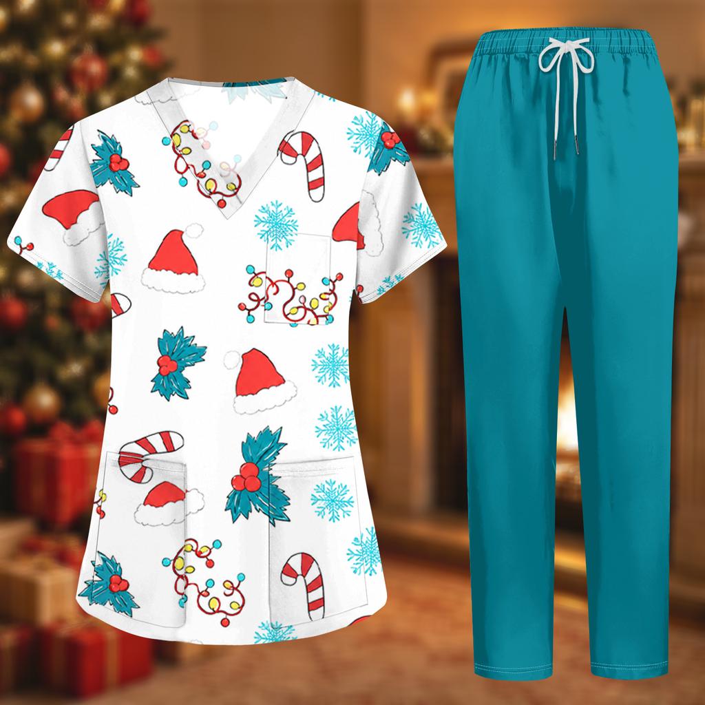 Women's Uniform Set with Short Sleeve Christmas Print Top and Pants, Two Piece Caregiver with Pockets