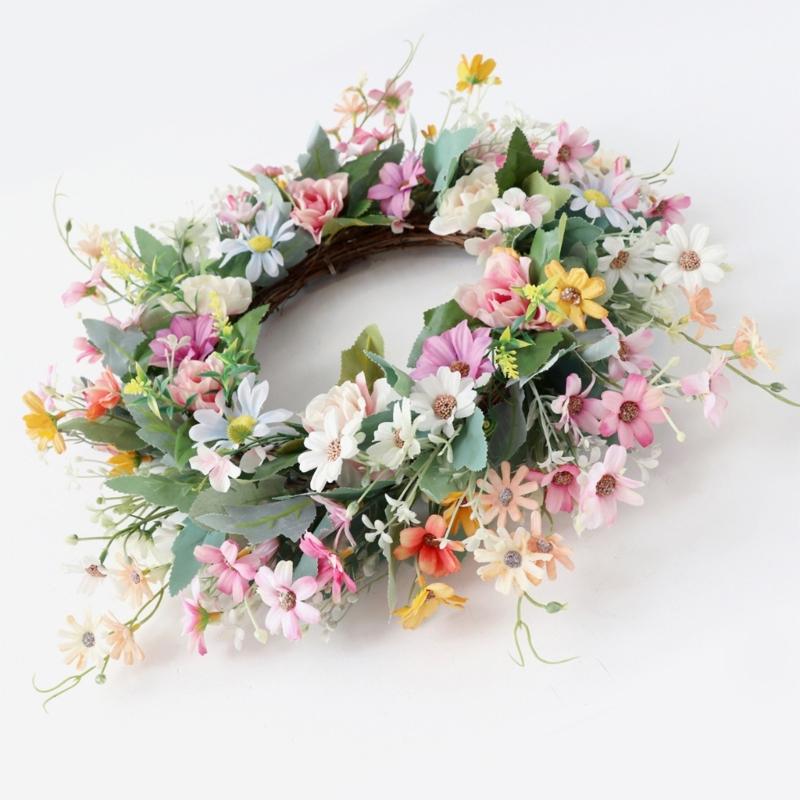 Corona de Flores Artificiales de Verano de 17.7 Pulgadas con Varios Tipos de Flores para Decoración de Puerta o Pared