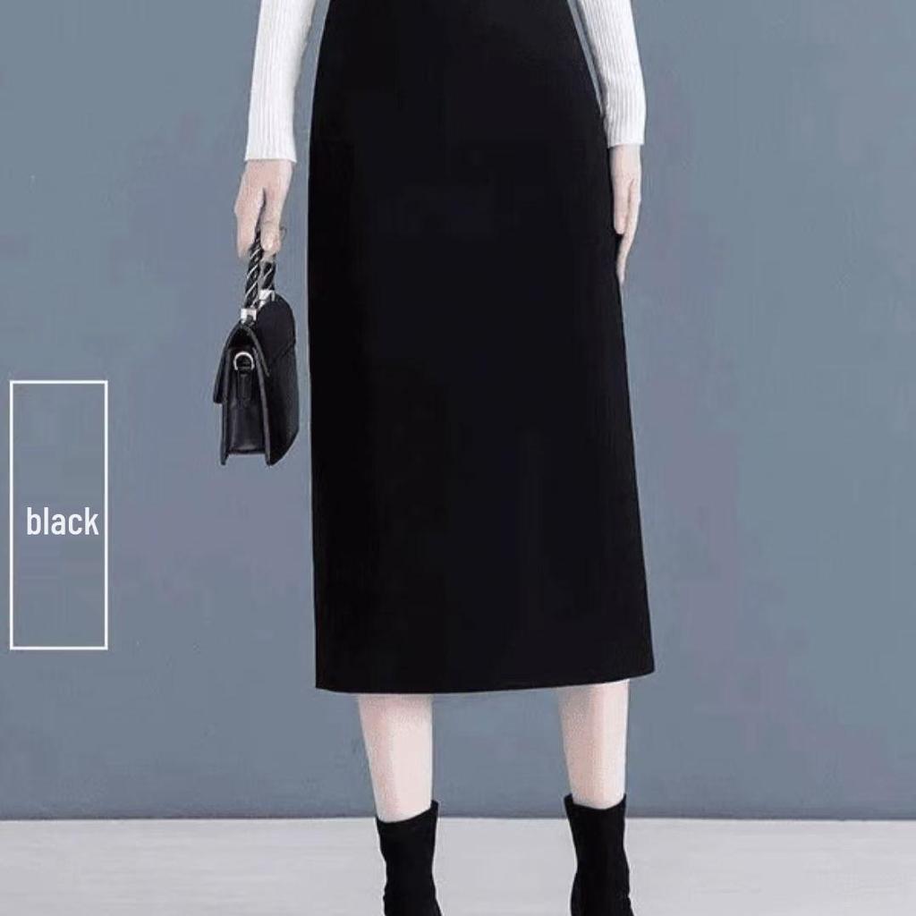 2025 Vlněná směs Sukně midi s vysokým pasem - Zeštíhlující, Všestranná rovná sukně s rozparkem na podzim/zimu