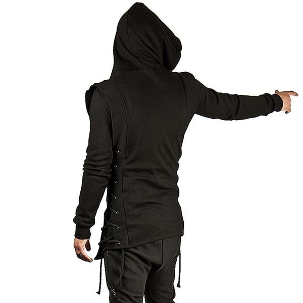 סוודר שחור לגברים בסגנון גותי סוודר Assassin's Creed מעיל קפוצ'ון שחור כהה