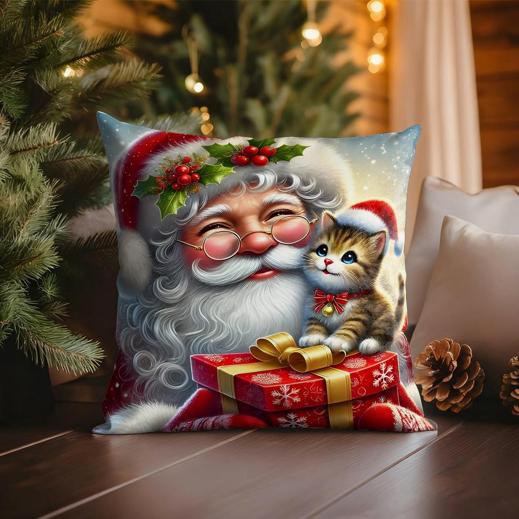 Christmas pillowcase: dreamy patterns of Santa Claus and fairy tale characters, home holiday warm atmosphere