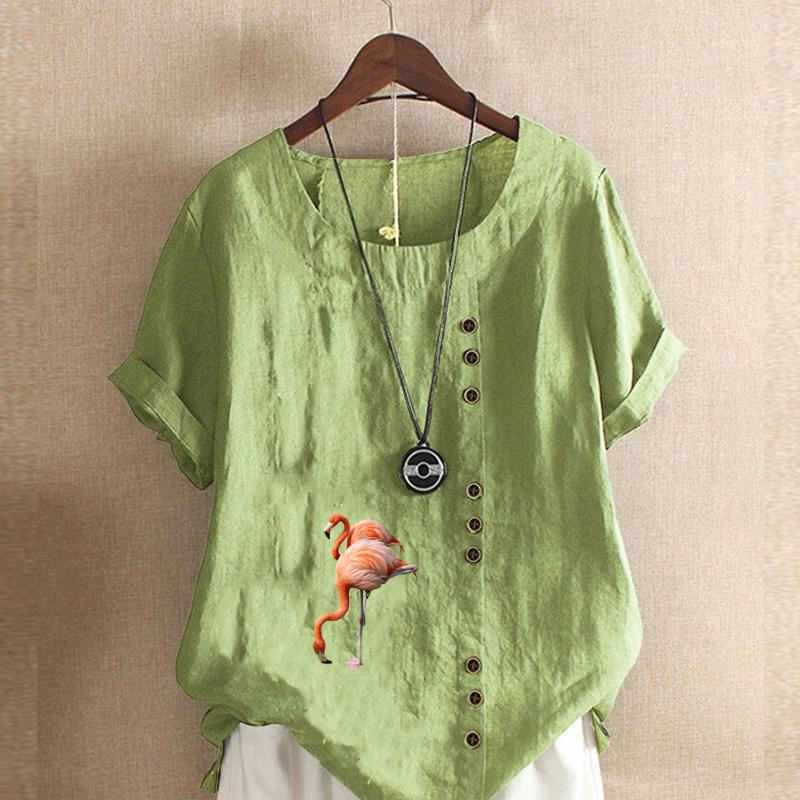 

Женская мода с принтом красного журавля и короткими рукавами, свободная хлопковая рубашка, повседневная свободная летняя блузка, топы 5XL зелёный