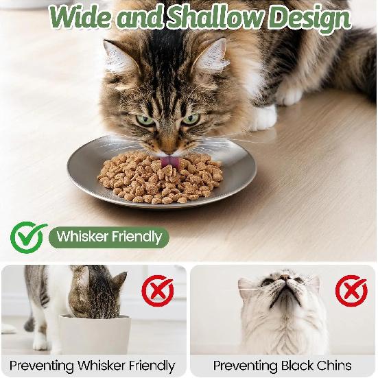 304 Stainless Steel Cat Bowls, 6.7 Inch Extra Wide Shallow Cat Plates for Whisker Fatigue Relief, Metal Kitten Feeding Dishes