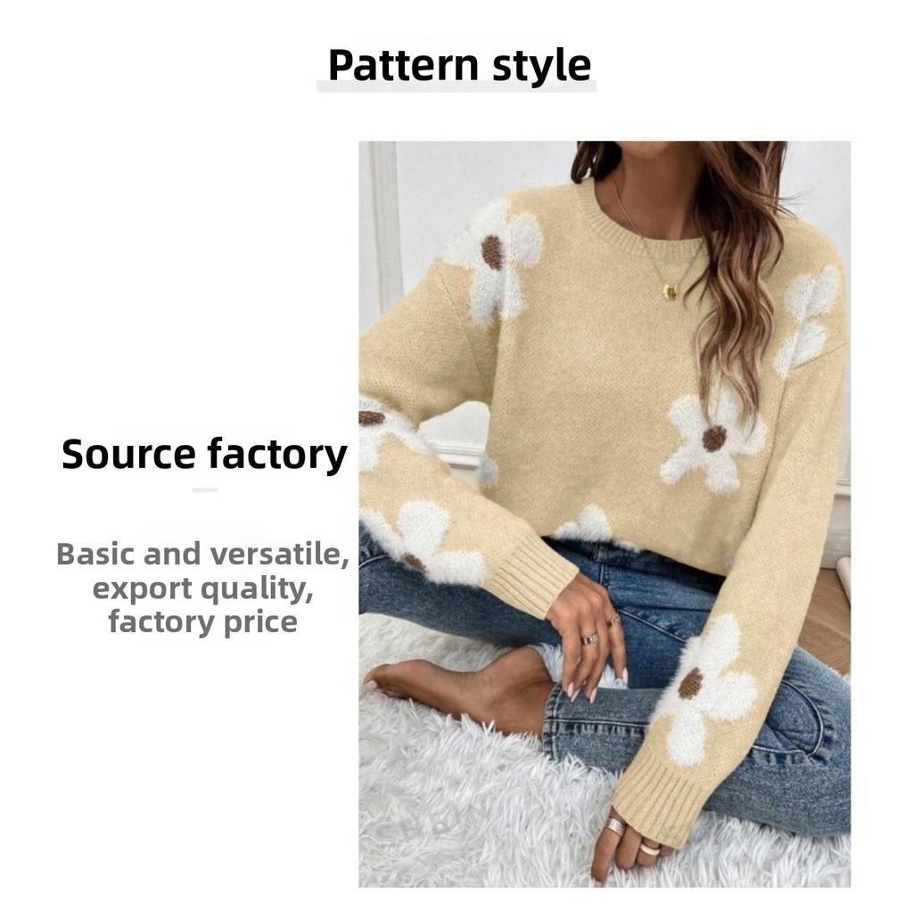 Hooded Round Neck Long Sleeved Sweater with Floral Jacquard Pattern for Autumn Women