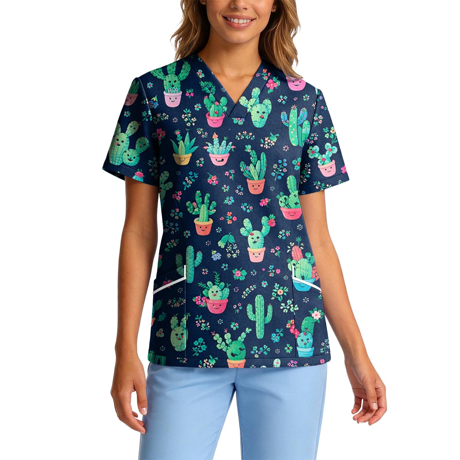 

Women Stretch Quick Dry V Neck Pocket Short Sleeve Animal Print Medical Scrub Top Lightweight Breathable Fabric Comfortable Fit XL зелёный