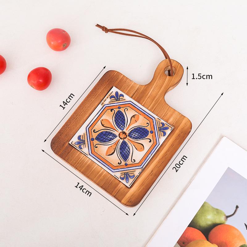 Retro Insulated Wooden Placemat for Pots and Plates, Flower Tile Design