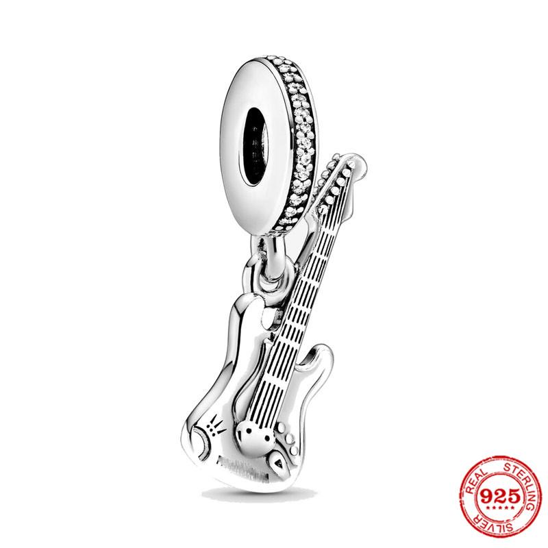 Bracelet Perles Charms Note de Musique Guitare Piano Cœur en Argent Sterling 925 Bijoux DIY pour Femmes