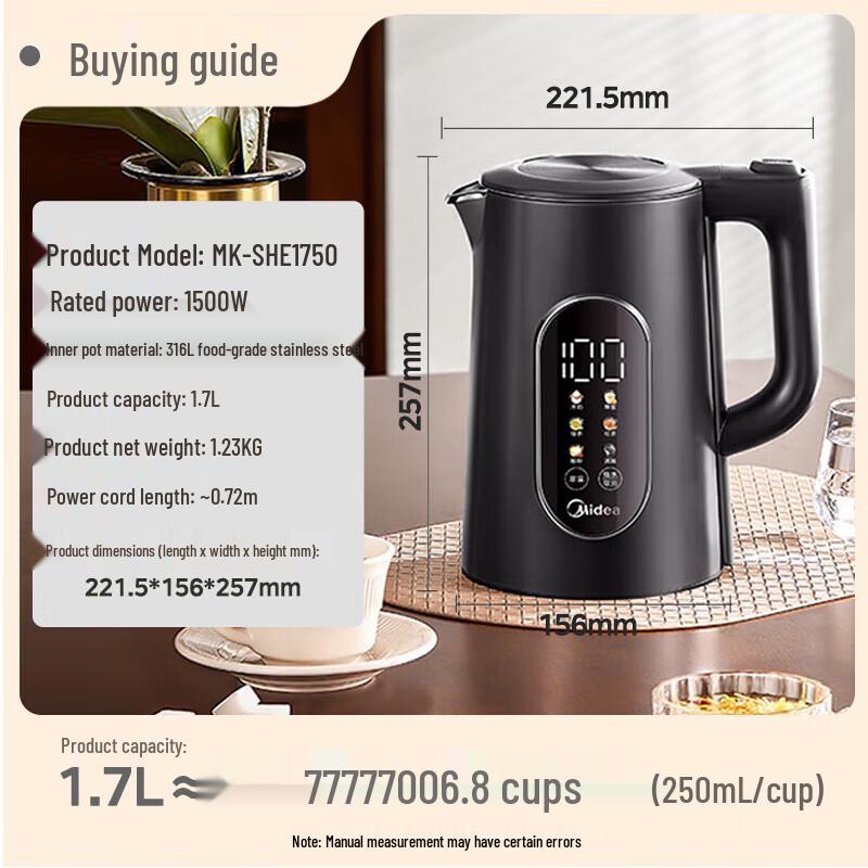 Midea 1.7L 316 Stainless Steel Multi-Temp Electric Kettle CN plug (adapter included)