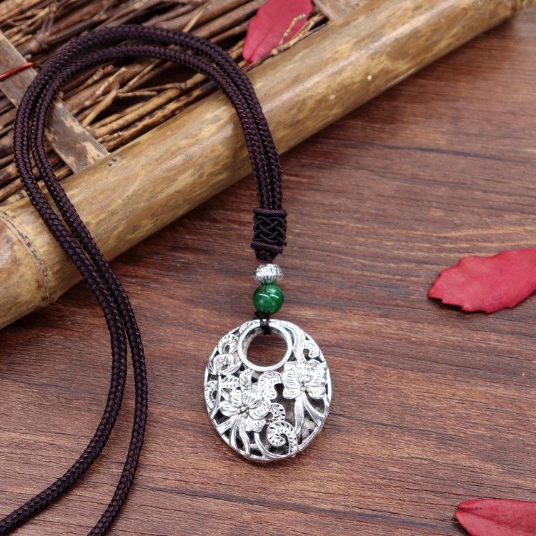 Handmade Retro Cotton and Linen Tibetan Silver Pendant Necklace Medium and Long Flower Versatile Sweater Chain Women's Simple Accessories