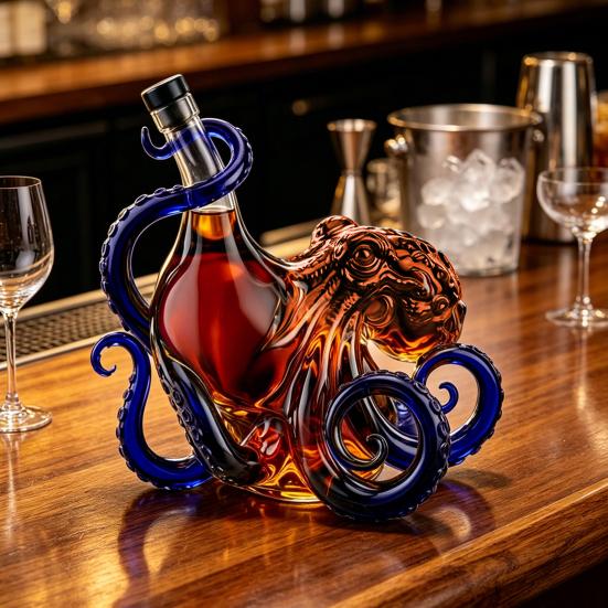 3D Octopus Whiskey Decanter, Nautical Art Collectible Whiskey Bottle, 350ml Glass Decorative Liquor Bottle, Home Bar Decanter for Spirits Whiskey
