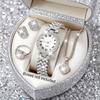 5Pcs Ladies Watch Set, Stylish Casual Ladies Quartz Watch And Necklace Ring Earrings Jewelry Set
