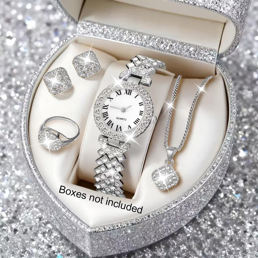 5Pcs Ladies Watch Set, Stylish Casual Ladies Quartz Watch And Necklace Ring Earrings Jewelry Set