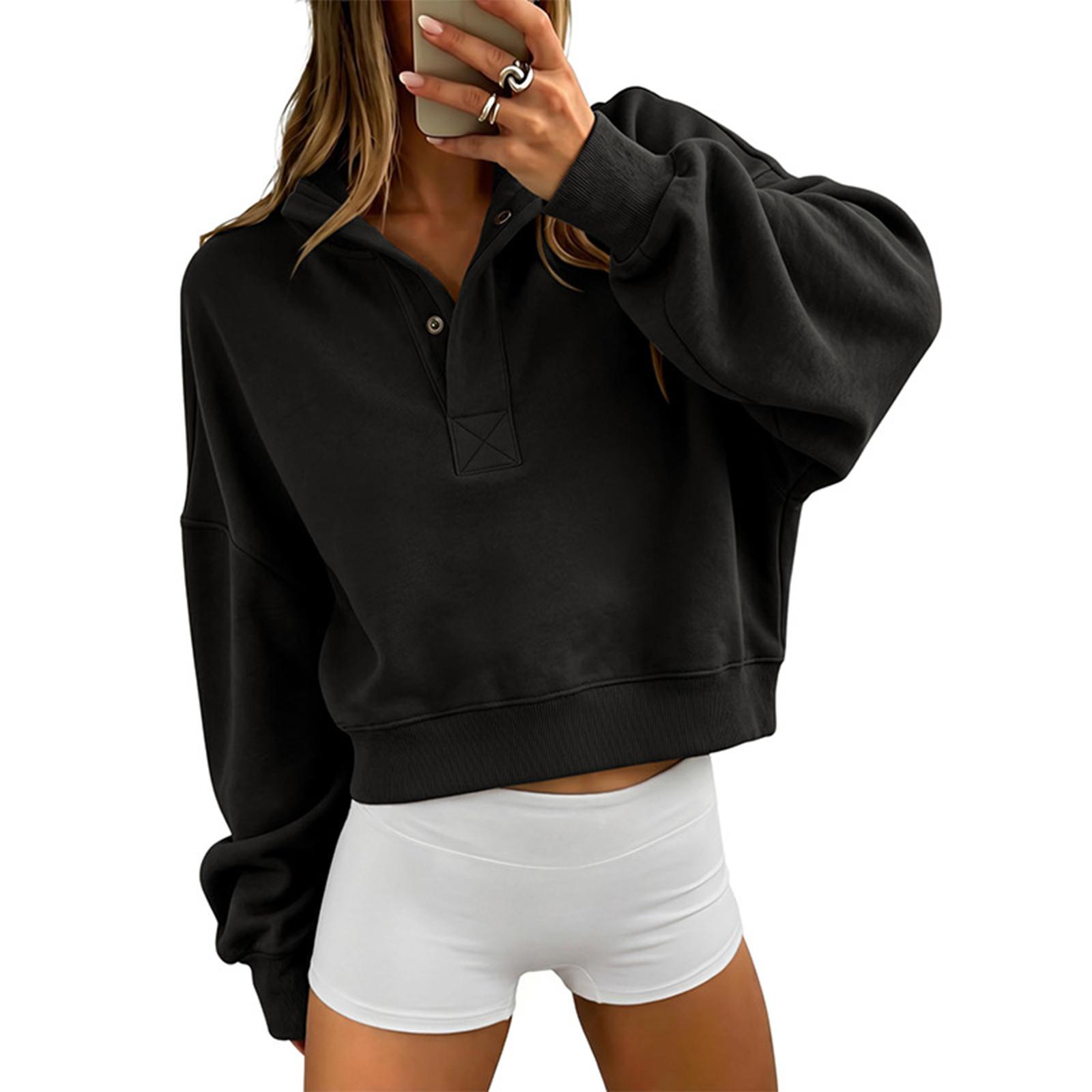Women s Color Loose Fit Half Zip Button Long Sleeve Sweatshirt Top L чёрный