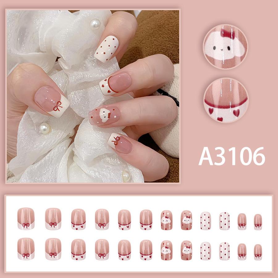 Autumn/Winter Heart Red Bow Milky White Dog Nail Stickers - 24 Wearable Pieces