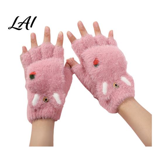 Convertible Mittens for Women Furry Cat Paw Thermal Gloves Flip Top Mitten with Button Women Winter Comfortable Indoor Outdoor Gloves Plush