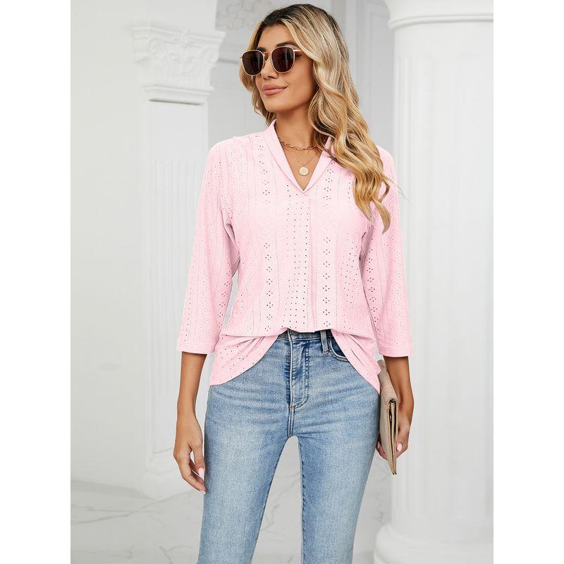 Loose Mid-Sleeve V-neck Top Fashion Jacquard Loose-Fitting Tops Middle Sleeve Pullover V Neck Tops