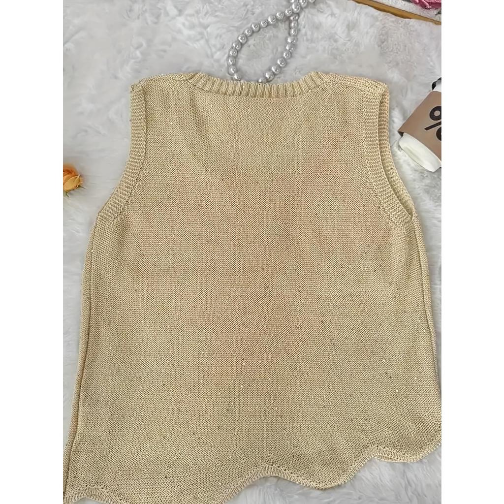 New Women's Sexy V-neck Loose Sleeveless Vest Hollow Out Knitted Sequin Casual Summer Top