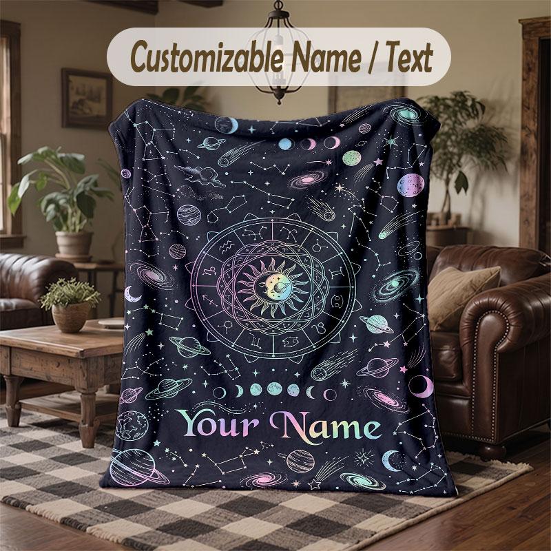 Space Cosmic Theme Throw Blanket Custom Name Text Personalized Blanket Soft Cozy Blanket for Home Sofa Bed