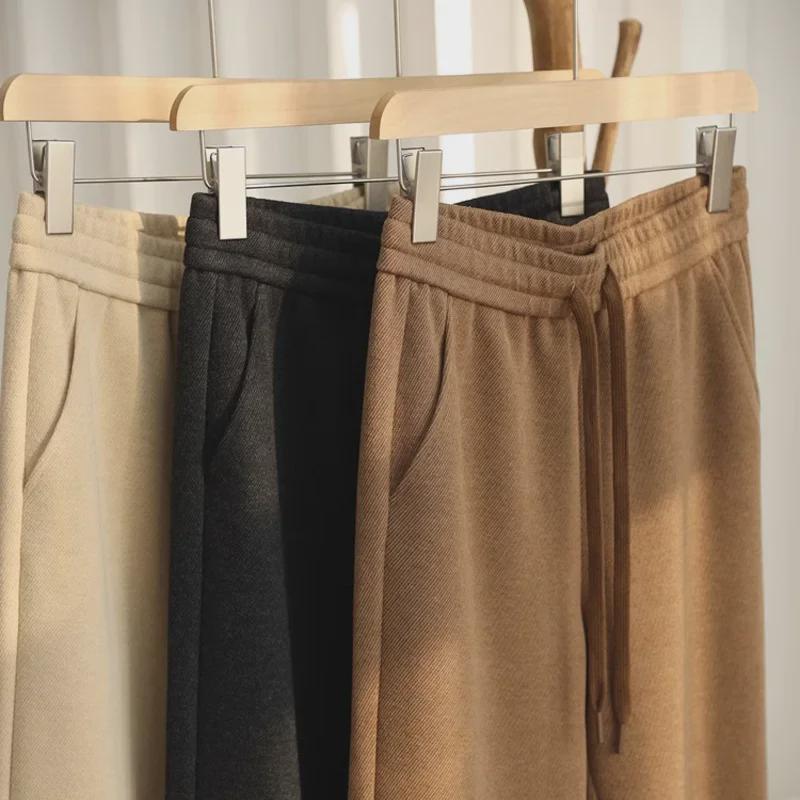 High-Waist Elastic Tweed Wool Pants - Autumn/Winter Women's Wide-Leg Straight Cut with Soft Drape