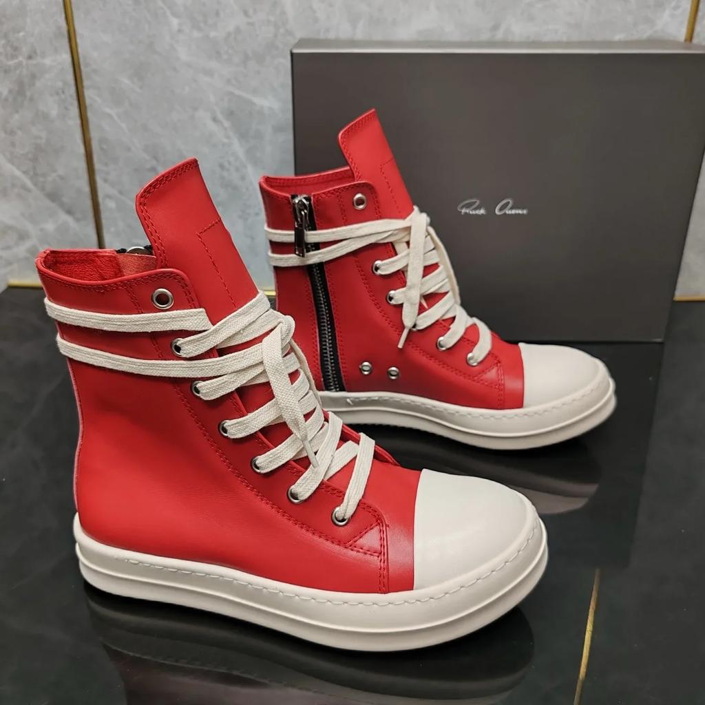 Top quality thick bottom ow-ens Classic Red Ribbon High-top Shoes Top Leather Boots Harajuku Wind High Street Couple Shoes