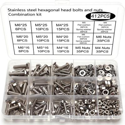 412-Piece Stainless Steel Screw Set: M4-M6 Bolts, Nuts, Flat & Spring Washers
