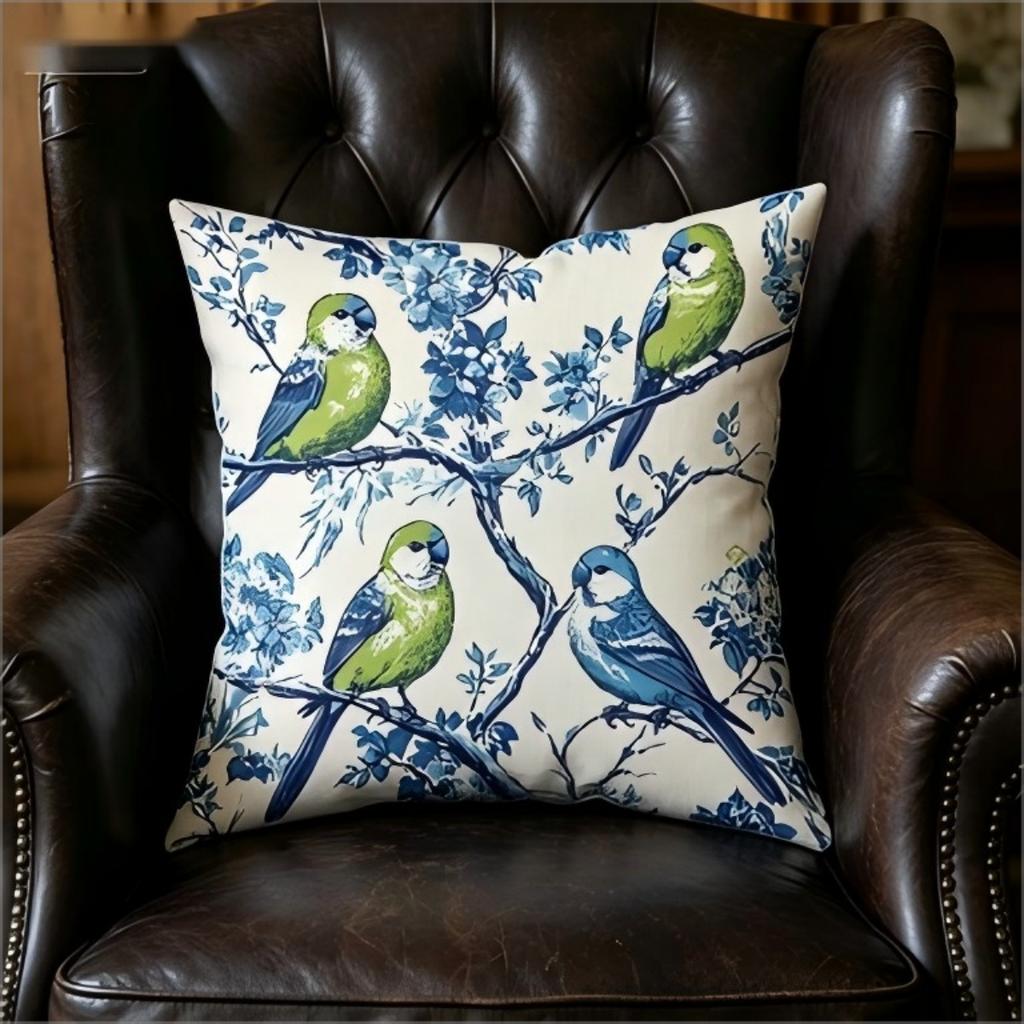 Vintage Blue Bird Floral Print Pillow Cover, Retro Botanical Parrot Cushion Case For Sofa Bedroom Living Room Home Decor