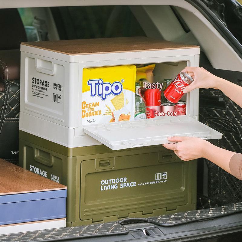 Japanese Industrial Style Wooden-Lid Folding Storage Box for Camping and Car Trunk Organizer