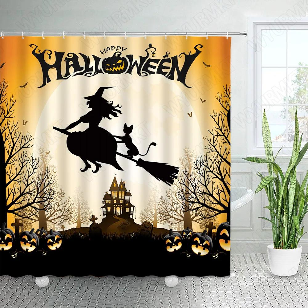 Hororová Halloweenská Sprchová Závěs Zábavná Dýně Čarodějnice Černá Kočka Mrtvý Strom Hrad Noční Scenérie Látka Koupelnová Dekorace Sprchové Závěsy
