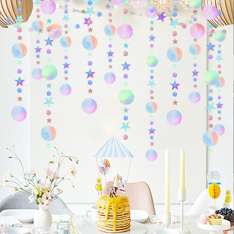 Laser Mirror Paper Star Dot Garland for Wedding Kids Mermaid Birthday Party Decoration Baby Shower Christmas Hanging Banner