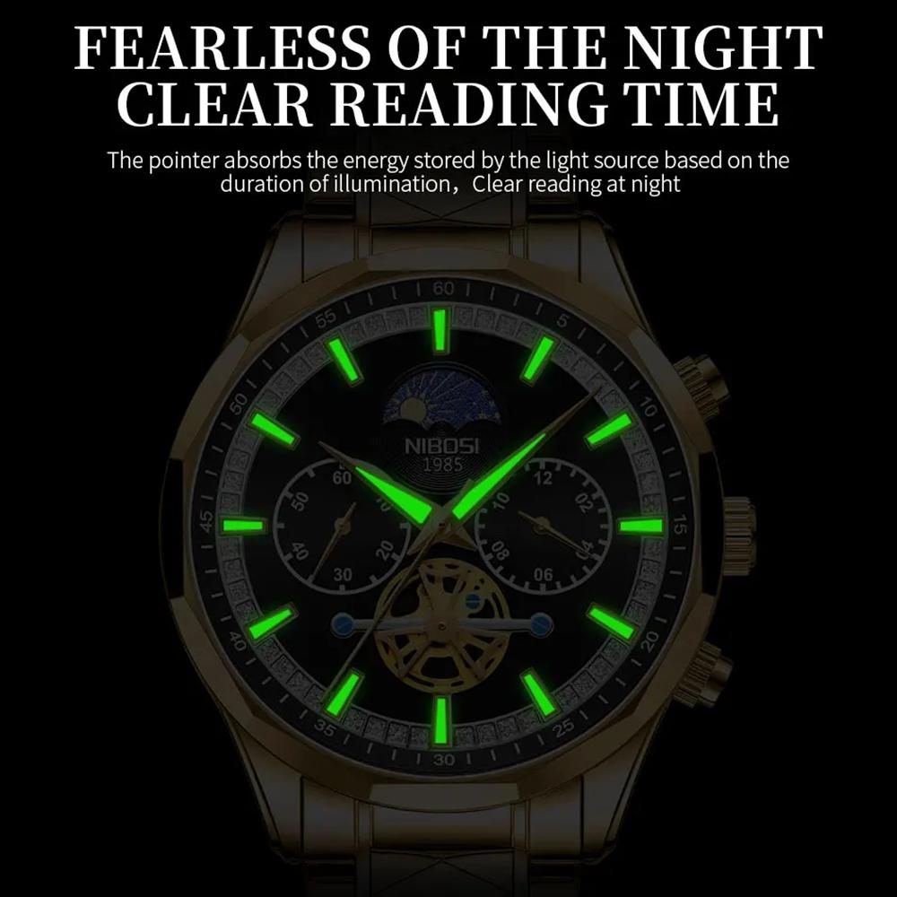 NIBOSI Star Moon Phase Watches Men Top Brand Luxury Automatic Watch for Men Luminous Waterproof Stainless Steel Quartz Clock